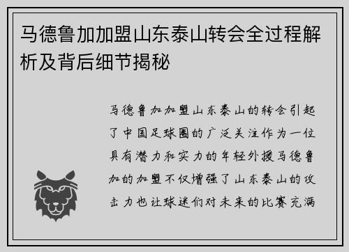 马德鲁加加盟山东泰山转会全过程解析及背后细节揭秘