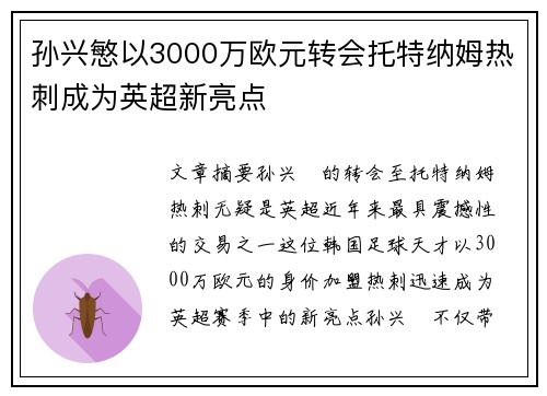 孙兴慜以3000万欧元转会托特纳姆热刺成为英超新亮点